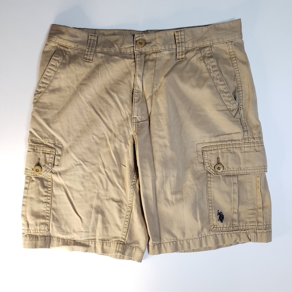 US POLO ASSN Shorts Mens sz 34 Tan Beige Flat Front Cargo Chino Cotton Exellent